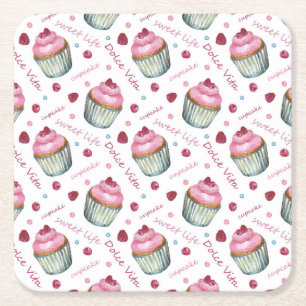 Watercolor cupcakes square paper coaster