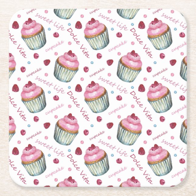 Watercolor cupcakes square paper coaster (Front)