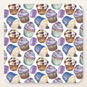 Watercolor cupcakes square paper coaster