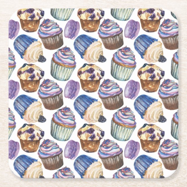 Watercolor cupcakes square paper coaster (Front)