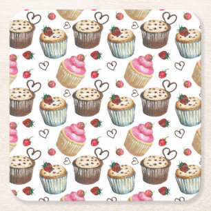Watercolor cupcakes square paper coaster