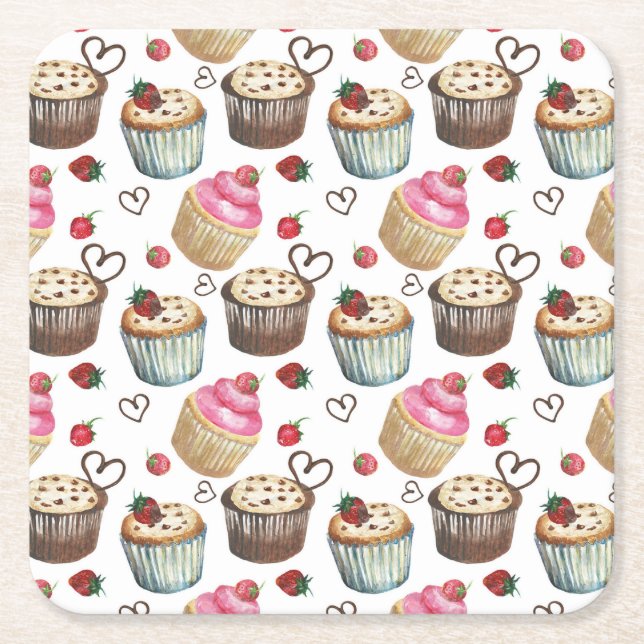 Watercolor cupcakes square paper coaster (Front)