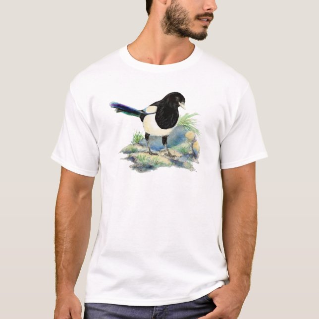 Watercolor Curious Magpie Fun Bird Art T-Shirt (Front)
