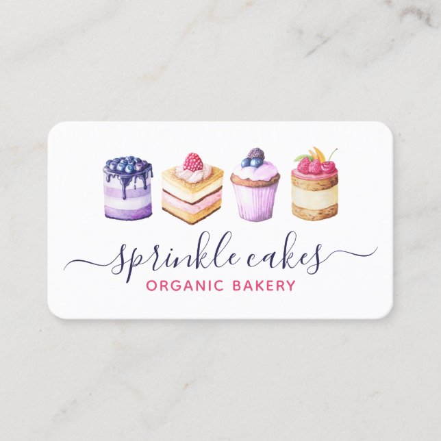 Watercolor Custom Cakes And Sweets Bakery  Business Card (Front)