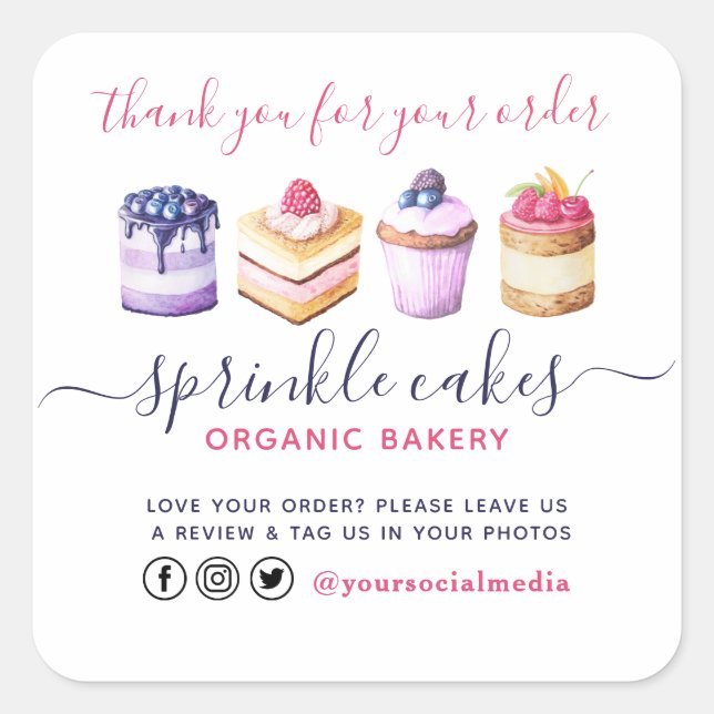 Watercolor Custom Cakes & Sweets Bakery Thank You Square Sticker (Front)