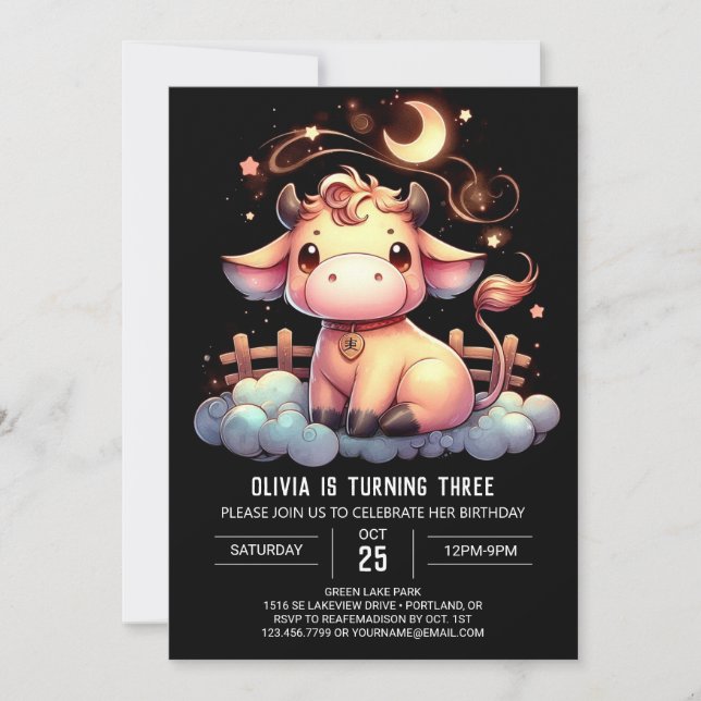 Watercolor Custom Cow Birthday Invitation (Front)