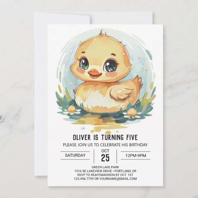 Watercolor Custom Duck Birthday Invitation (Front)