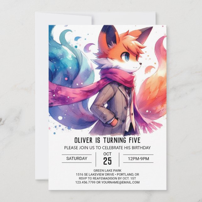 Watercolor Custom Fox Birthday Invitation (Front)