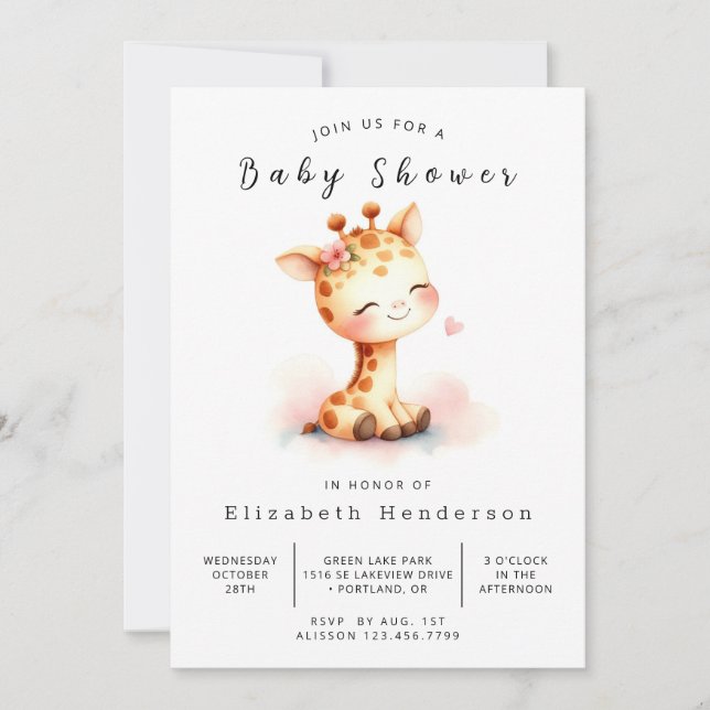 Watercolor Custom Giraffe Baby Shower  Invitation (Front)