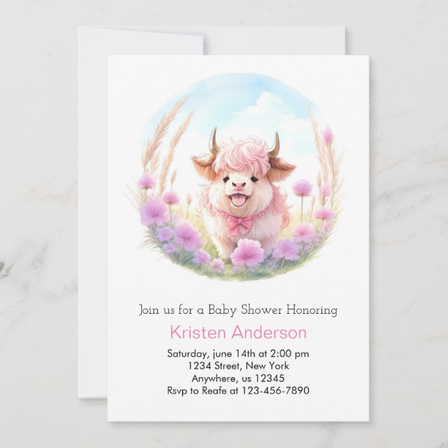 Watercolor Custom Highland Cow Girl Baby Shower Invitation (Front)