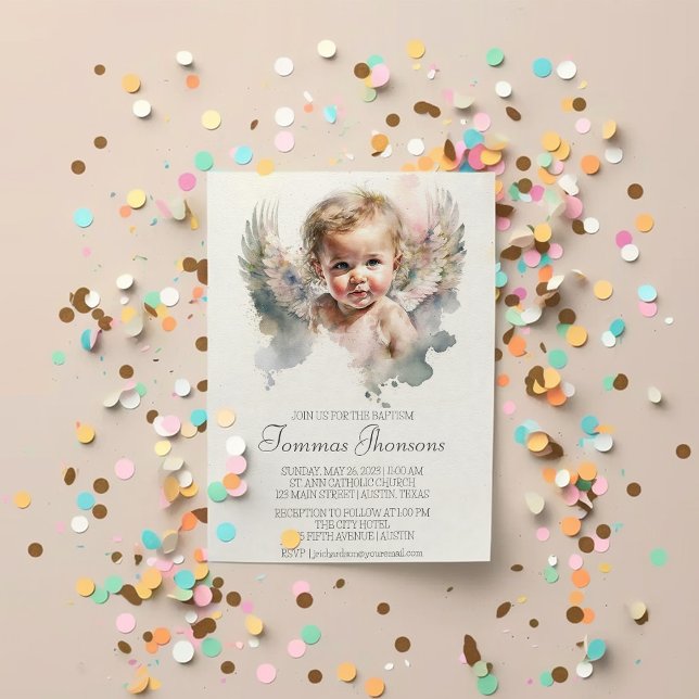 Watercolor cute Angel Baby Baptism Invitation (Creator Uploaded)