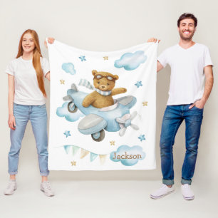 Watercolor cute baby bear aeroplane fleece blanket