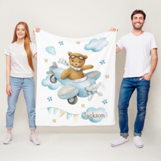 Watercolor cute baby bear aeroplane fleece blanket