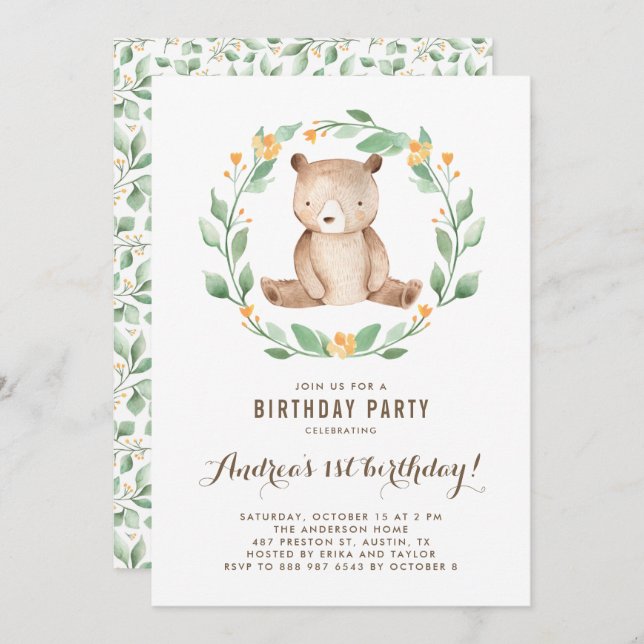 Watercolor Cute Baby Bear Woodland First Birthday Invitation (Front/Back)