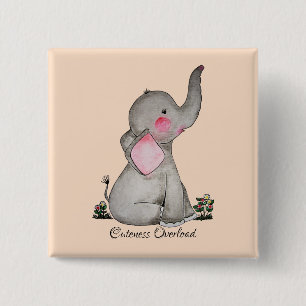 Watercolor Cute Baby Elephant With Blush & Flowers 15 Cm Square Badge