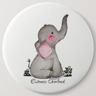 Watercolor Cute Baby Elephant With Blush & Flowers 6 Cm Round Badge