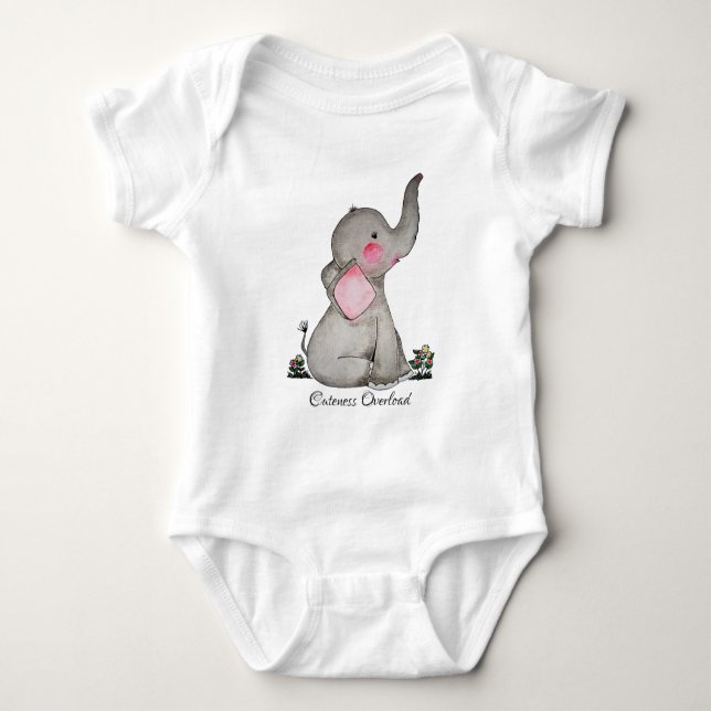 Watercolor Cute Baby Elephant With Blush & Flowers Bodysuit (Front)