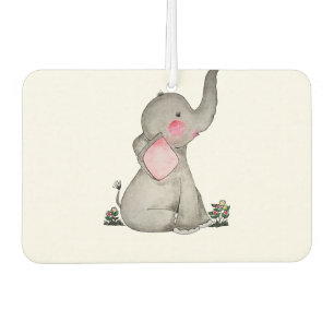 Watercolor Cute Baby Elephant With Blush & Flowers Car Air Freshener