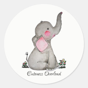 Watercolor Cute Baby Elephant With Blush & Flowers Classic Round Sticker