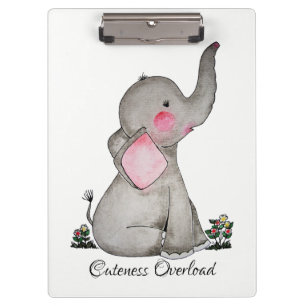 Watercolor Cute Baby Elephant With Blush & Flowers Clipboard