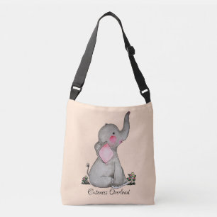 Watercolor Cute Baby Elephant With Blush & Flowers Crossbody Bag