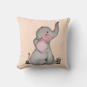 Watercolor Cute Baby Elephant With Blush & Flowers Cushion