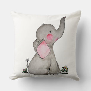 Watercolor Cute Baby Elephant With Blush & Flowers Cushion