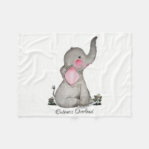 Watercolor Cute Baby Elephant With Blush & Flowers Fleece Blanket