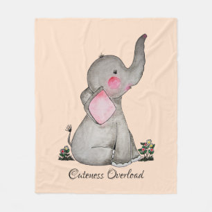 Watercolor Cute Baby Elephant With Blush & Flowers Fleece Blanket