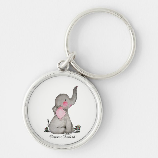 Watercolor Cute Baby Elephant With Blush & Flowers Key Ring (Front)
