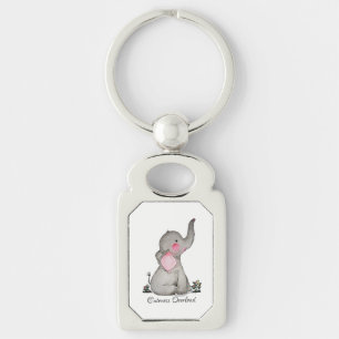 Watercolor Cute Baby Elephant With Blush & Flowers Key Ring