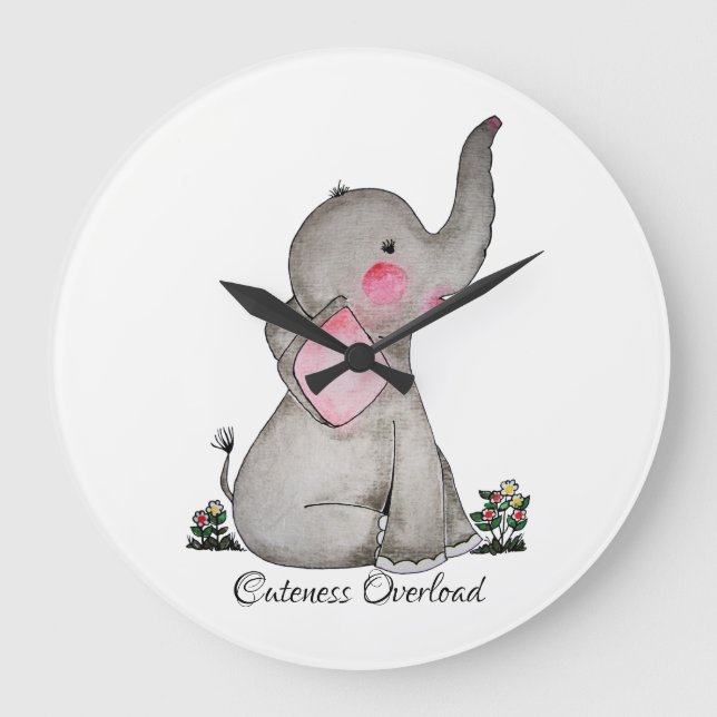 Watercolor Cute Baby Elephant With Blush & Flowers Large Clock (Front)