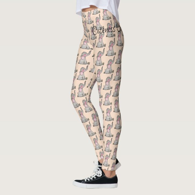 Watercolor Cute Baby Elephant With Blush & Flowers Leggings (Left)