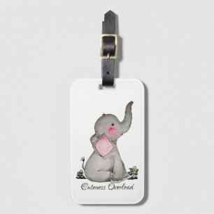 Watercolor Cute Baby Elephant With Blush & Flowers Luggage Tag