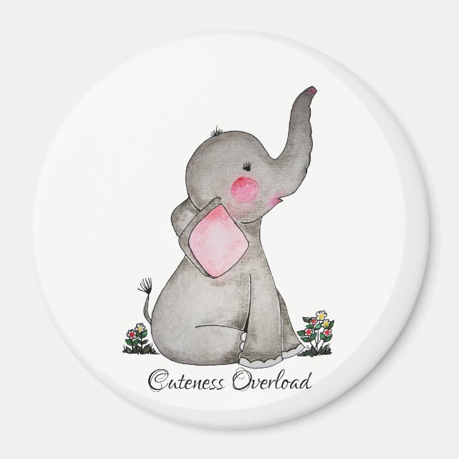 Watercolor Cute Baby Elephant With Blush & Flowers Magnet (Front)