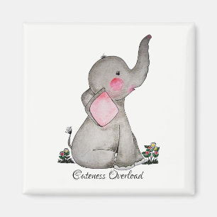 Watercolor Cute Baby Elephant With Blush & Flowers Magnet