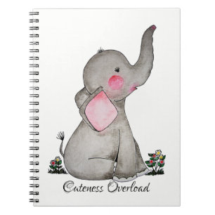 Watercolor Cute Baby Elephant With Blush & Flowers Notebook