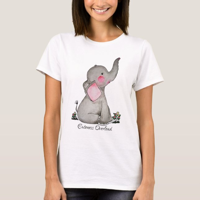 Watercolor Cute Baby Elephant With Blush & Flowers T-Shirt (Front)