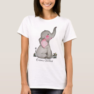 Watercolor Cute Baby Elephant With Blush & Flowers T-Shirt
