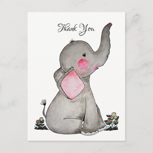 Watercolor Cute Baby Elephant With Tiny Flowers Postcard (Front)