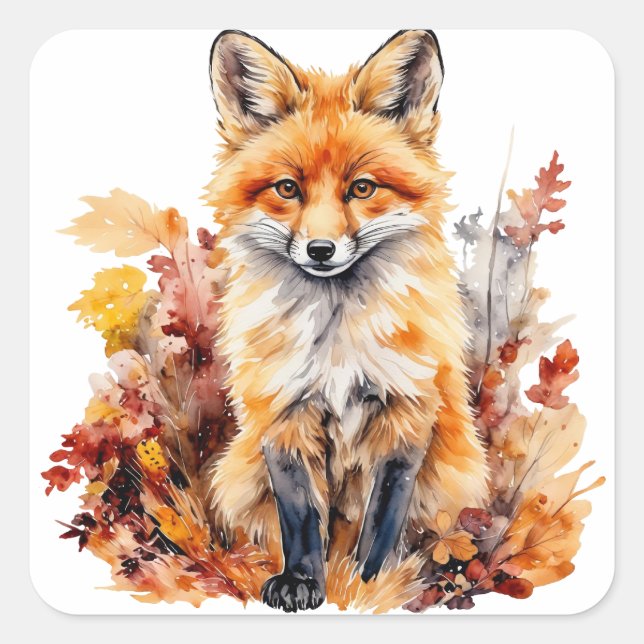 Watercolor Cute Baby Fox and colourful Leaves Square Sticker (Front)