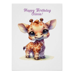 Watercolor cute baby giraffe poster