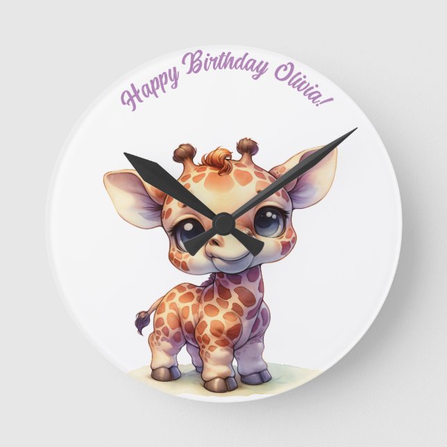 Watercolor cute baby giraffe round clock (Front)