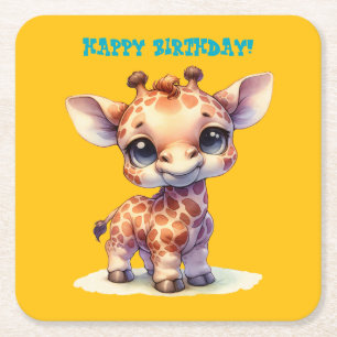 Watercolor cute baby giraffe square paper coaster