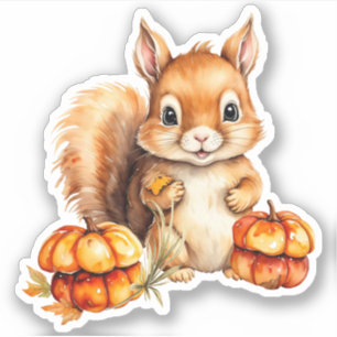 Watercolor Cute Baby Squirrel and Little Pumpkins