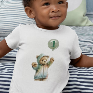 Watercolor Cute Bear 1st First birthday Balloon Baby Bodysuit