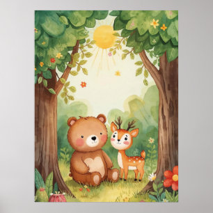 Watercolor Cute Bear & Deer Woodland Nursery Art Poster