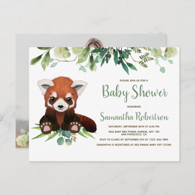 Watercolor Cute Bear Greenery Baby Shower Photo Invitation Postcard (Front/Back)