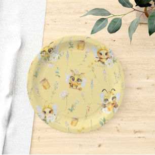 Watercolor Cute Bee Wildflowers Baby Shower Paper Plate