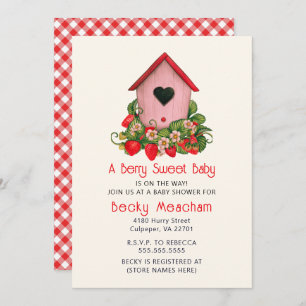Watercolor Cute Birdhouse with Strawberries Invitation